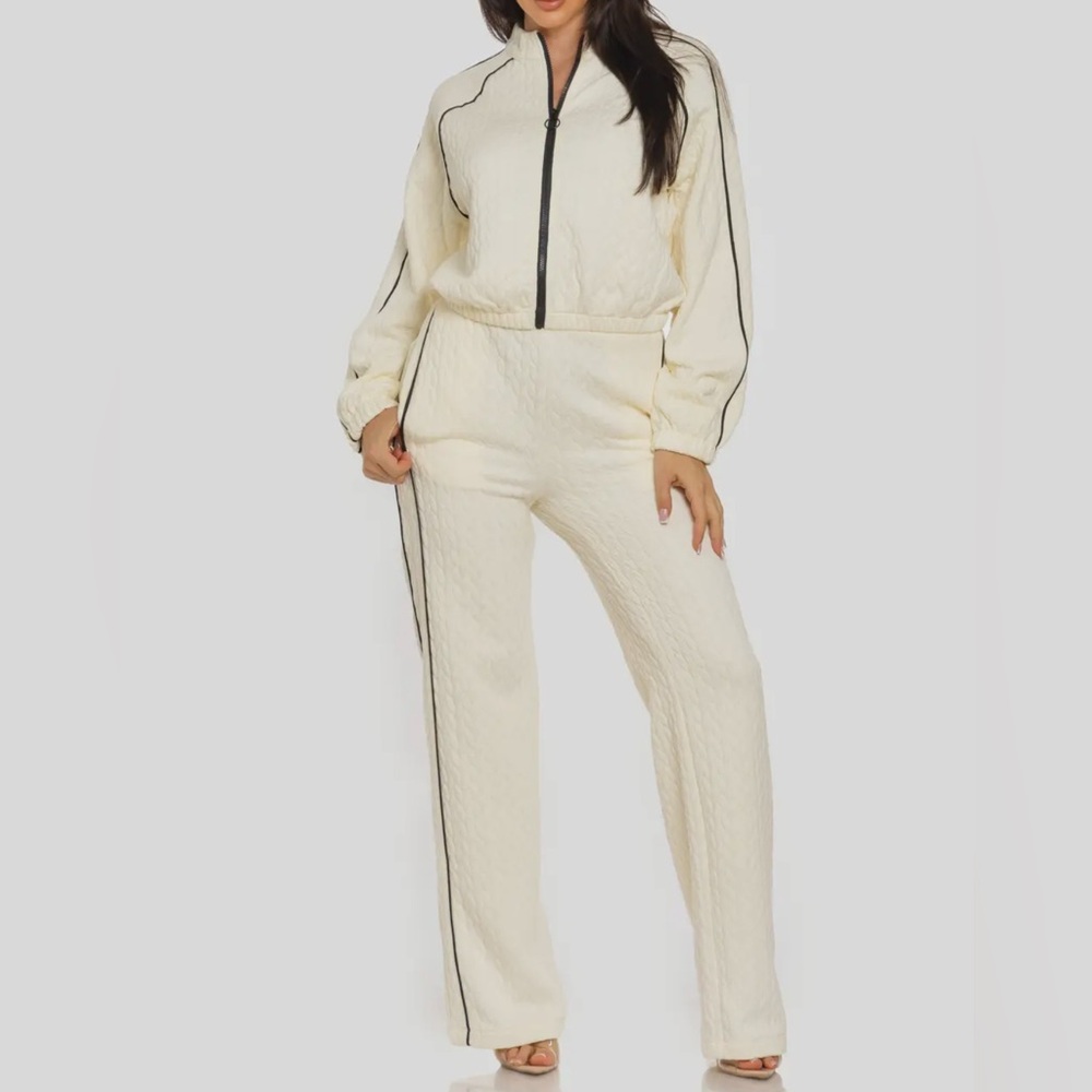 Elle Cream & Black Jacquard Contrast Piping Pants Set